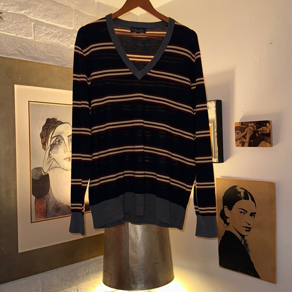 Brooks Brothers Merino Wool V-Neck Sweater size XL Navy Blue, Maroon, and cream